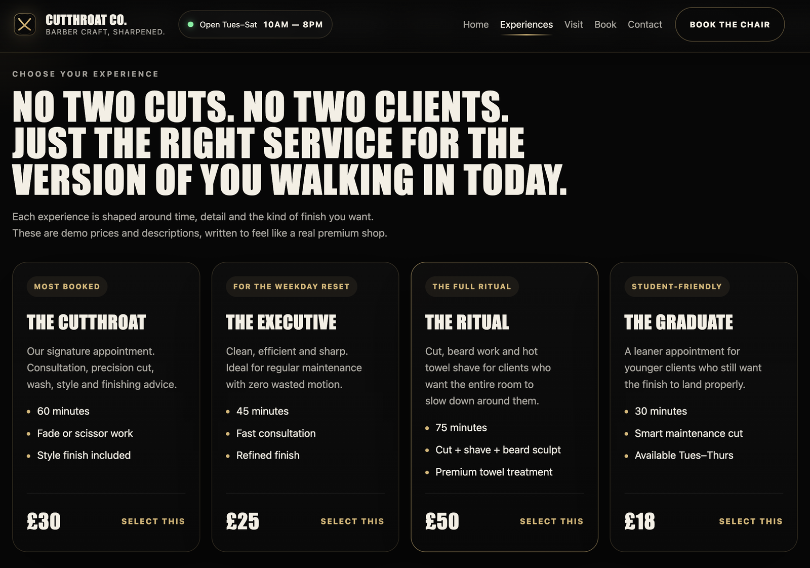 barber website design services section