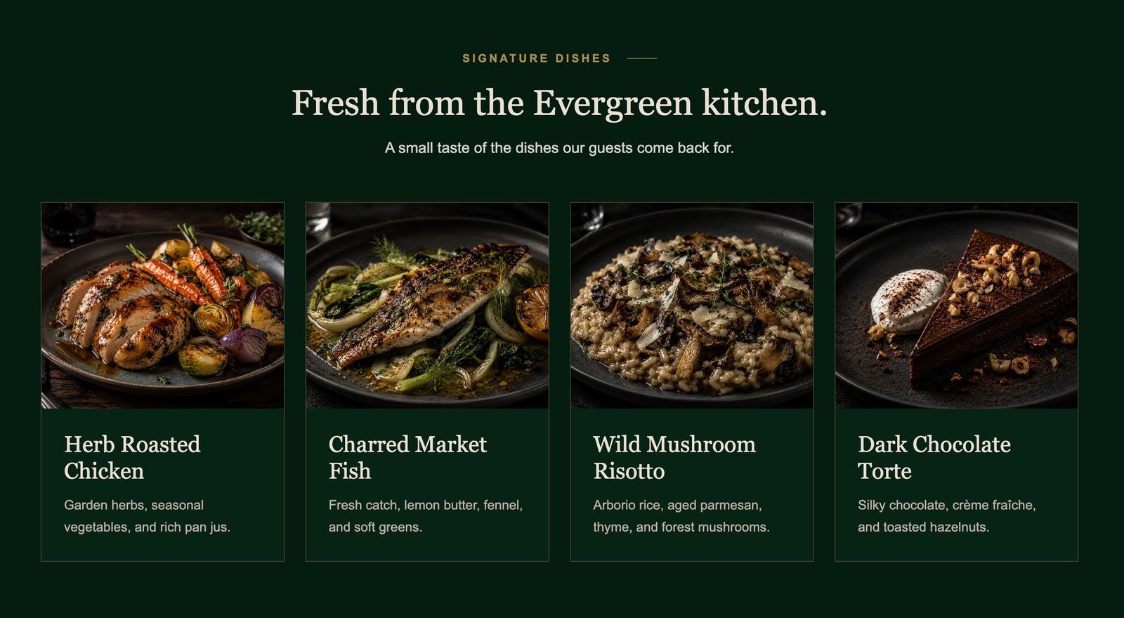 restaurant website design hero section for Evergreen