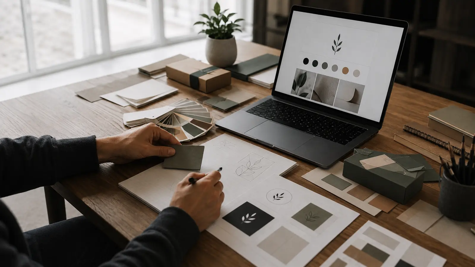 Brand identity design with logo sketches, colour palette and typography