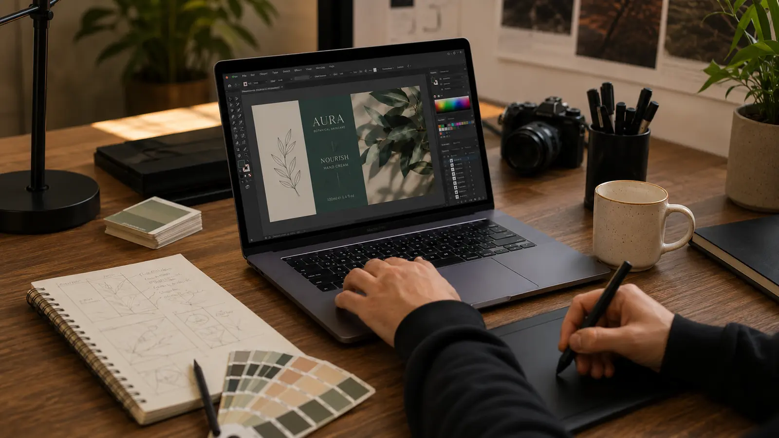 Graphic designer creating branded marketing artwork on a desktop computer