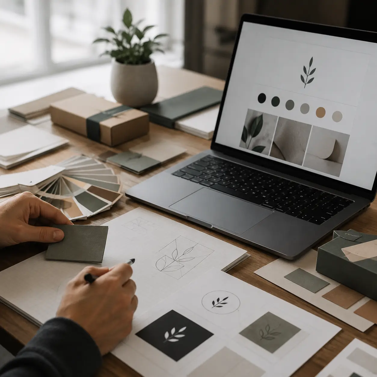 Brand identity design with logo sketches, colour palette and typography