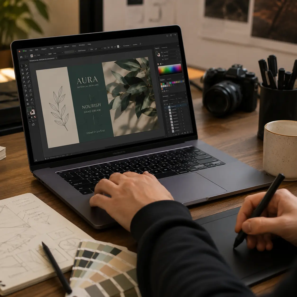 Graphic designer creating branded marketing artwork on a desktop computer