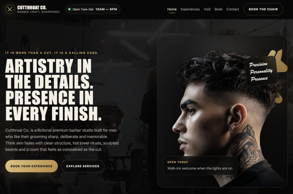 barbershop website design hero