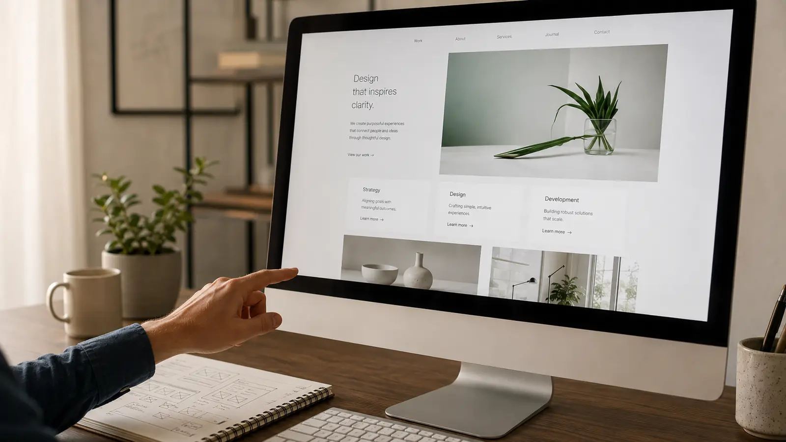 A clean website design layout being reviewed on screen